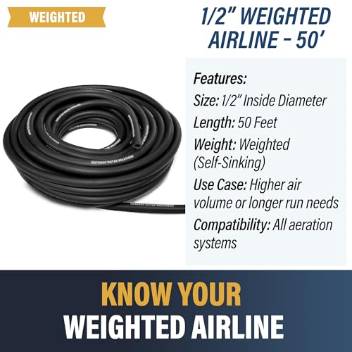 Weighted Airline for Pond Aeration – 1/2" Inside Diameter | 50ft Roll | Self-Sinking Rubber Air Hose | Durable, Flexible Tubing for Aerators & Diffusers | No Tangle
