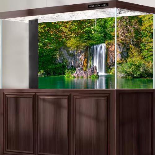 Scenic Waterfalls Aquarium Background Scenic Spring Falls Forest Fish Tank Background Stunning Summer Mountain Tranquil Lake Terrarium Backgrounds Cascading Waterfall Reptile Tank Backgrounds 24x16in - color: Dark Green, size: 24(W)x16(H)in