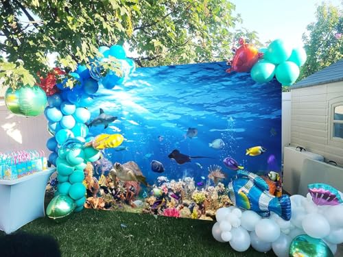 Under The Sea Backdrop 10x8ft Ocean Party Decorations Under The Sea Baby Shower Background Sea Aquarium Birthday Party Studio Props - color: Aqua Blue, size: 10x8ft (300x240cm)