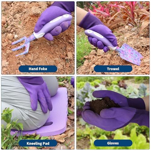 Purple Garden Tool Sets 10-Piece, Aluminum Alloy Steel Hand Tools w/Non-Slip Ergonomic Handle, Floral Print Garden Supplies Organizer Handbag, Cute Gardening Tools Gift for Women Grandmother - style: Purple