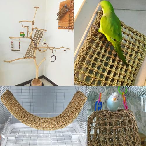 2Pcs Bird Seagrass Mat 30 × 7" Natural Grass Woven Net Hammock with Hooks Climbing Rope Ladder Chew Toys Hanging on Parrot Cage for Lovebird Pigeon Cockatiel Conure Budgie Cockatoo - size: 2Pcs 29.5×7"