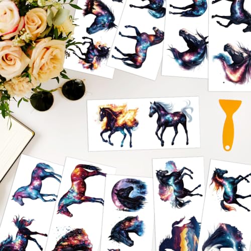 arricraft 10 Sheets Starry Sky Horse UV DTF Cup Wrap for 16OZ Glass, Horse Rub on Decals PVC Transfer Stickers for DIY Cups Wood Funiture 24x11cm/9.4x4.3inch - style: Starry Sky Horse Theme