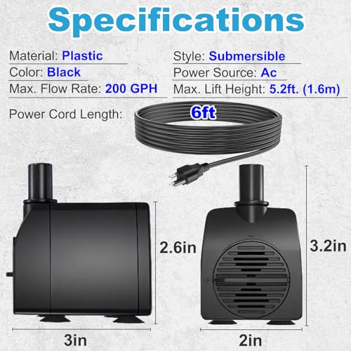 Knifel Submersible Pump 200GPH Ultra Quiet with Over Heating Protection 5.2ft High Lift for Fountains, Hydroponics, Ponds, Aquariums & More… - size: 200GPH with Over Heating Protection