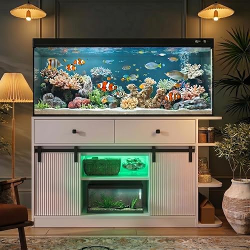 JIJIWANG 75 Gallon Fish Tank Stand with LED Light & Power Outlets, 55-75 Gallon Aquarium Stand with Sliding Fluted Doors, 2 Large Cabinet and Storage Shelves for Fish Tank, 1200 lbs Capacity White - color: White, size: 55.1"L x 19.6"W x 32.2"H