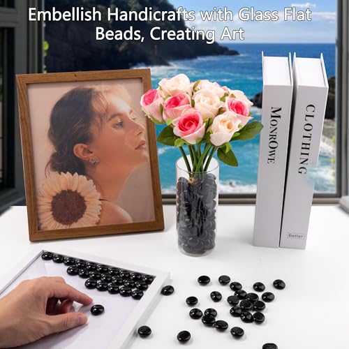Meschett Black Glass Marbles, 0.97 LB Flat Glass Beads for Vases, Mosaic Gem Pebbles for Aquarium Decor, Floral Arrangements Vase Filler Smooth Mancala Stones and Crafts Approx. 80-100PCS - color: Black