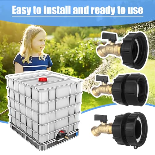 wantmatch IBC Tote Adapter 275-330 Gallon IBC Tote Water Tank Fittings,IBC Tote Garden Hose Adapter,Lead-Free Compliant Brass Garden Hose Valve with 3 Adapter,Apply to IBC Containers, Ton Barrels - color: Black Handle Valve