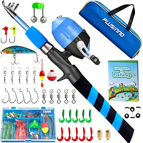 PLUSINNO Kids Fishing Pole, Portable Telescopic Fishing Rod and Reel Combo Kit - with Spincast Fishing Reel Tackle Box for Boys, Girls, Youth - color: BLUE, size: 3.94 ft