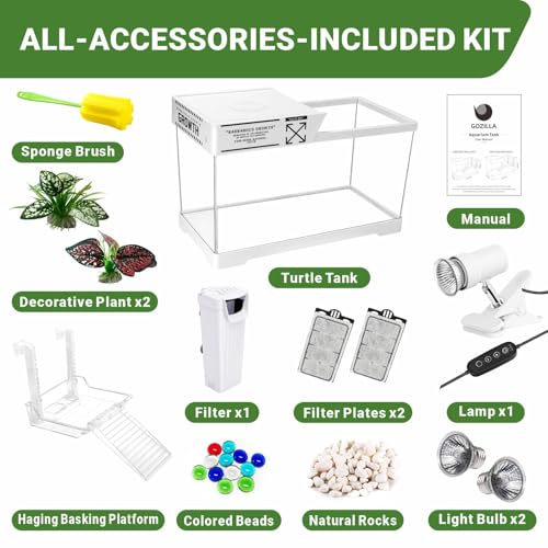 GOZILLA Aquatic Turtle Tank Kit+Lamp+Filter, Upgrade PC Turtle Tank Starter Kit with Adjustable Lamp & Filter,Reptile Habitat with Lid,Hanging Platform for Small Reptiles.(15.75×7.9×9''/White Kit) - color: Medium-White-KIT