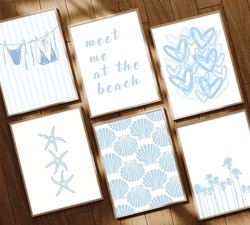 Gschupy Beach Theme Wall Art Set of 6, Light Blue Coastal Canvas Prints with Starfish、Seashell、Palm Tree, Unframed Beach Wall Decor Posters for Apartment Dormitory Coastal Home Decoration 8x10inch - color: Blue Heart Graffiti, size: 8x10in