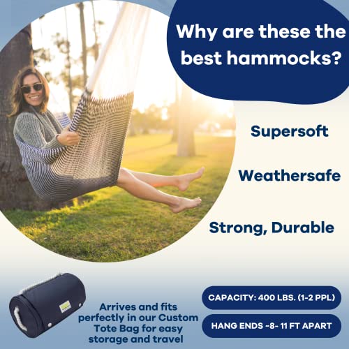Handwoven Hammock by Yellow Leaf Hammocks - Double Size, Fits 1-2 PPL, 400lb max - Weathersafe, Super Strong, Easy to Hang, Ultra Soft, Artisan Made - Color: Stripe Navy Blue - White - color: Vineyard Haven- Navy Blue and White, size: Fits 1-2 People (400