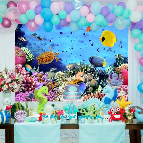 AOFOTO 8x6ft Underwater Ocean Coral Reef Backdrop Under The Sea Tropical Fish Sea Turtle Marine Life Photography Background Seabed World Nature Scene Aquarium Decor Kids Portrait Photo Shoot Props - size: 8x6ft