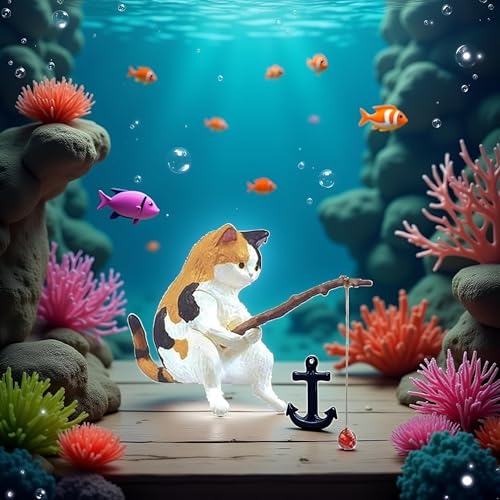 Fish Landscaping Fishing Cat Ornaments Mini Resin Figurine Cartoon Cat Statue for Home Office Fishing Aquarium Decor Cat Figurine Aquarium Decoration
