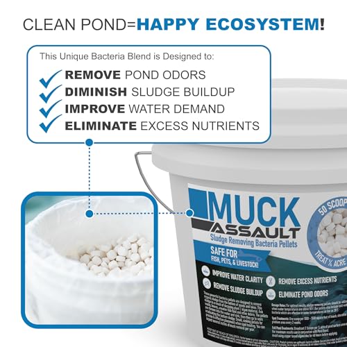 Muck Assault Sludge Remover Pellets - Natural Muck Digester with Beneficial Bacteria Enzymes to Clear Murky Water and Remove Pond Odor - Safe for Aquatic Life & Recreation (25 lbs.)