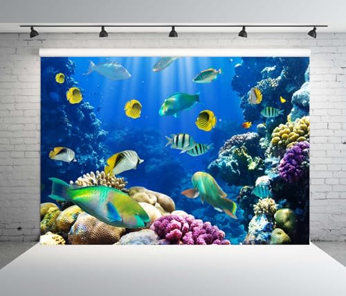 BELECO Fabric 5x4ft Underwater World Backdrop Under The Sea Tropical Fish Coral Reef Blue Deep Sea Aquarium Background Undersea Party Decorations Banner Birthday Photoshoot Studio Props