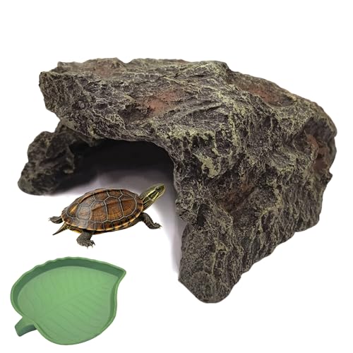 M2cbridge Aquarium Fish Hide Cave Reptile Hideout Cave Terrarium Amphibians Habitat Decor(Cave+ Water Dish) - style: Cave+ Water Dish