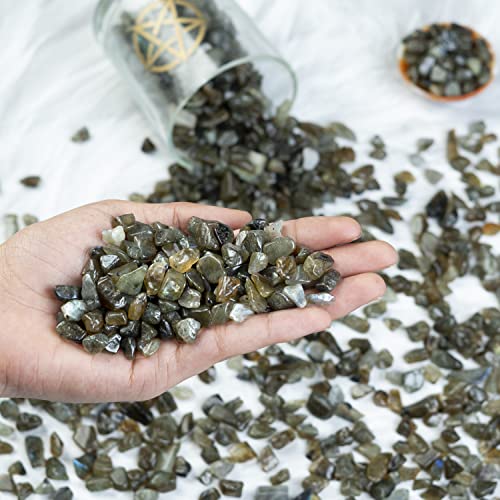 Crocon 1/2 LB Crushed Labradorite Chips Bulk Stones 1100+ Carats Natural Quartz Pieces Irregular Shape Gemstones for House Warming Gifts New Home & Chakra Healing Crystals Home Décor Gifts for Women - color: Labradorite Chips, size: 1/2 Pound