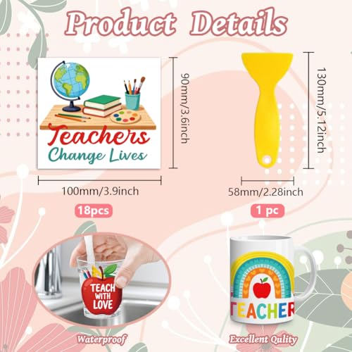 Peacoblue 18 Sheets Rub on Transfers for Crafts, Teacher's Day Text 3.6"x3.9" UV DTF Cup Wraps Waterproof Cold Transfers Stickers for Wood Glass Metal Cup Tumblers Mirrors Mugs Home Decor - style: Teacher's Day Text