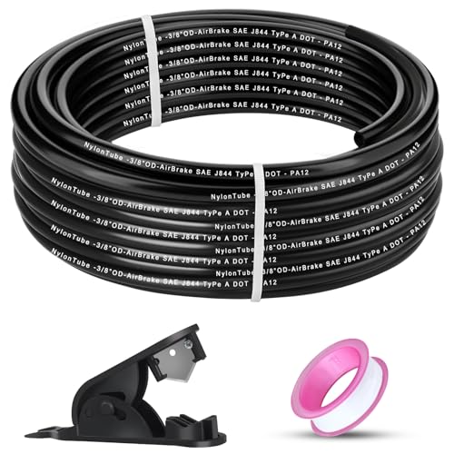 3/8" OD x 50FT DOT Air Line Black SAE J 844 PA12 Nylon Air Brake Tubing with Cutter and Teflon Tape, Pneumatic Nylon Air Line Hose for Semi Truck Trailer Air Brake System & Fluid Transfer - size: 50FT-3/8"OD