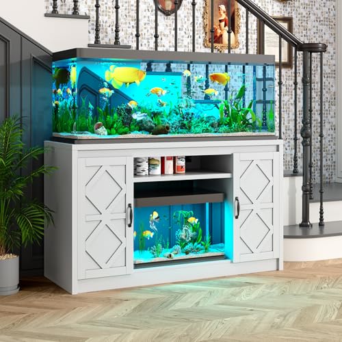 kepptory 55-90 Gallon Fish Tank Stand with Diamond Doors & Power Outlet, Heavy Duty Aquarium Stand with Cabinet Storage for Fish Tank, Turtle Tank Reptile Terrarium, 900LBS Capacity(White) - color: White, size: 53.5"L x 19.7"W x 31.6"H