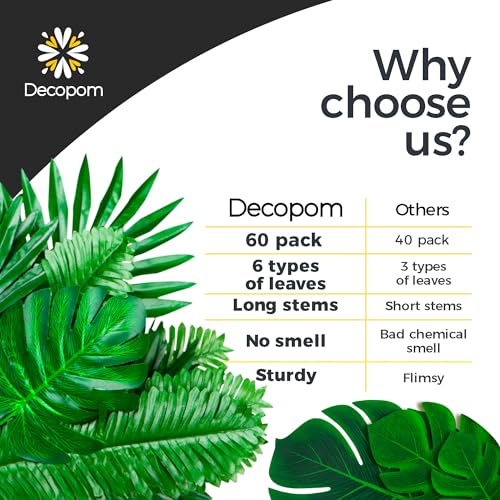 Decopom Artificial Palm Leaves 60-108 Pack - 6 Kinds Large Small Green Fake Palm Leaf with Stems for Safari Jungle Hawaiian Luau Party Table Decoration Wedding Birthday - style: 60 Pack