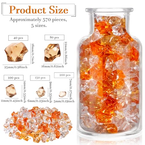 Syhood 570 Pcs 5 Sizes Orange Clear and Amber Fake Crushed Ice Rocks Acrylic Crystal Gems Plastic Diamonds Marble for Vase Fillers Decoration Wedding Holiday Table Scattering Room Decor - color: Orange, Coffee and Clear
