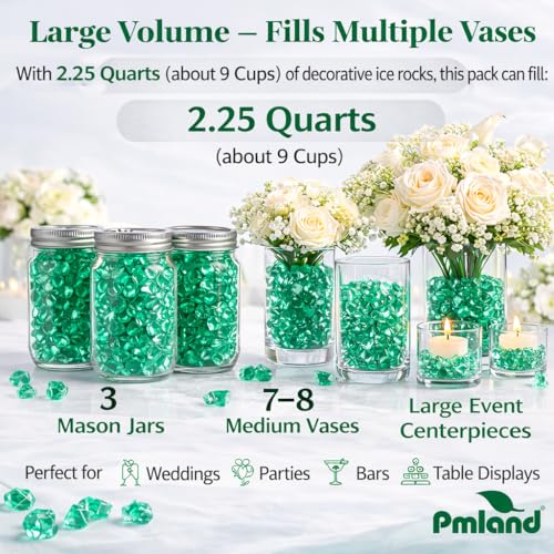 PMLAND Green Fake Ice Rocks – 550 PCS Large Acrylic Crushed Ice Gems, 3 LB Bulk Vase Filler for St Patrick’s Day Decor, Wedding Centerpieces, Aquarium Decorations, Table Scatter, Photography Props - color: Green