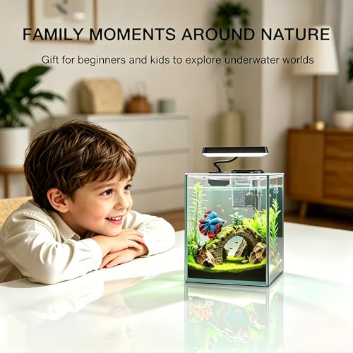 Ultra White Glass Betta Aquarium Starter Kits 1.5 Gallon Small Fish Tank, Betta Fish Tank with LED Light, Power Filter, 4mm Glass - color: Ultra-white