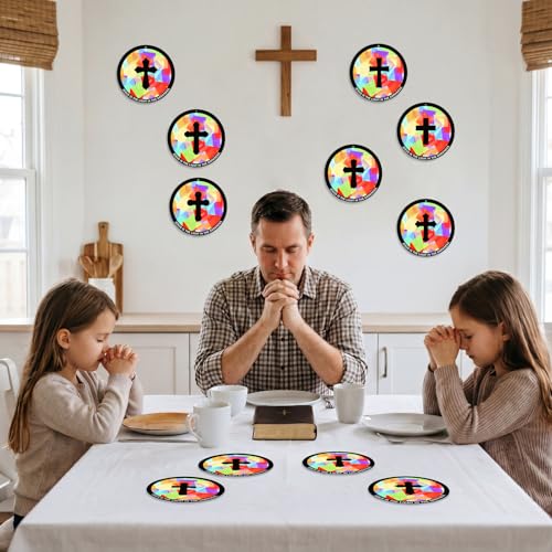 48PCS Sunday School VBS Crafts Bulk: Paper Cross Nativity Suncatchers, Jesus Religious Christian Activity DIY Kits Church Decorations, Window Stained Glass Effect Art Supplies(Round Shape) - style: round shape cross