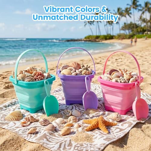 Shindel 3 PCS Collapsible Bucket Set, Foldable Beach Buckets with Shovels, Travel Sand Toys for Kids Outdoor, Beach Vacation Essentials, Camping Traveling, Fun Summer Activities