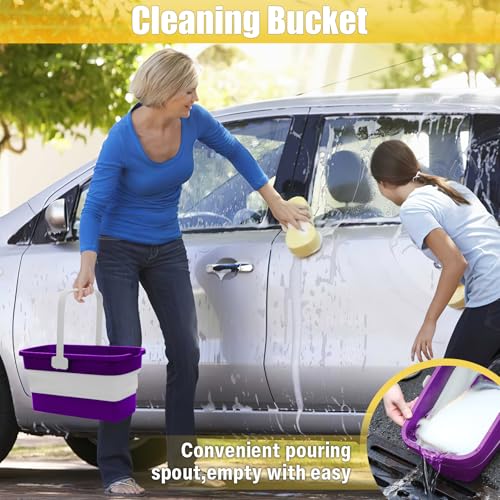 Collapsible Mop Bucket for Cleaning with Handle, Silicone Square Wash Bucket for Windows Cleaning Car Washing,Cleaning Supplies Organizer Plastic Water Bucket - color: Purple