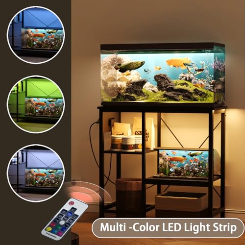BEURUKU 20-29 Gallon Fish Tank Stand with Power Outlet & LED Light, Metal Aquarium Stand with 3 Tier Adjustable Storage Shelves, Tank Stand for Reptile Tank, Turtle Tank, 30.7" L*13.8" W, Black - color: Black, size: 20-29 Gallon