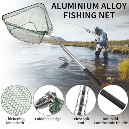 Yeahmart Fishing Landing Net with Telescopic Aluminum Handle Pole, Collapsible Nylon Mesh Minnow Fish Net for Saltwater & Freshwater, Portable Fishing Gear for Kids, Men, Women, Extends 21-75 Inches - style: 61.4" Full Length (4 Sectional Handle-triangle)