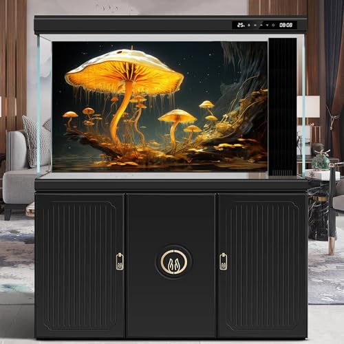 Fantasy Mushrooms Aquarium Background Fantasy Mushroom in Magical Enchanted Fairy Tale Stream Reptile Tank Enclosure Terrarium Backgrounds Mushroom Theme Landscape Fish Tank Backgrounds 24x16in - color: Yellow, size: 24(W)x16(H)in