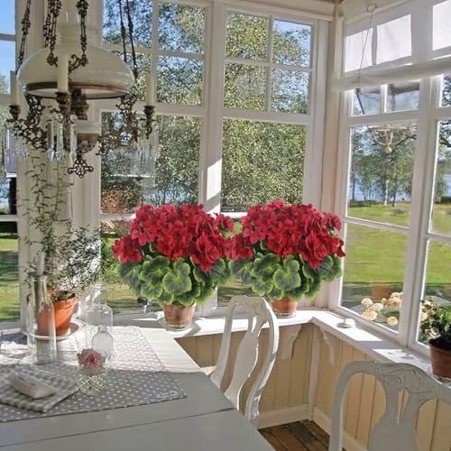 2 Pcs Artificial Geraniums for Outdoor Silk Geranium Flowers Red Artificial Geranium Bush Faux Flowers Geraniums Branch for Garden Patio Grave Cemetary Vase Table Centerpiece Indoor Decor