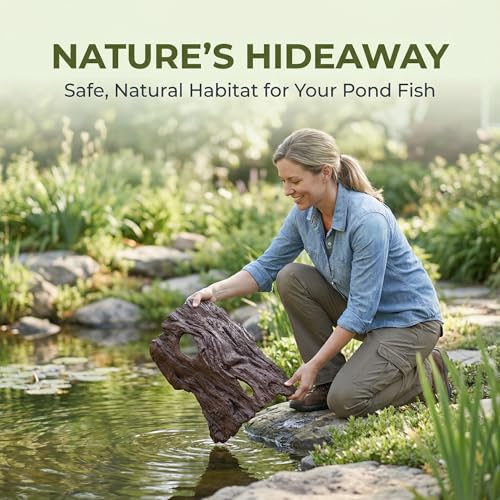Driftwood Koi Sanctuary, Outdoor Pond Fish Refuge with Weighted Base, Natural Looking Hiding Shelter to Protect Goldfish and Koi from Herons - color: Imitation Wood