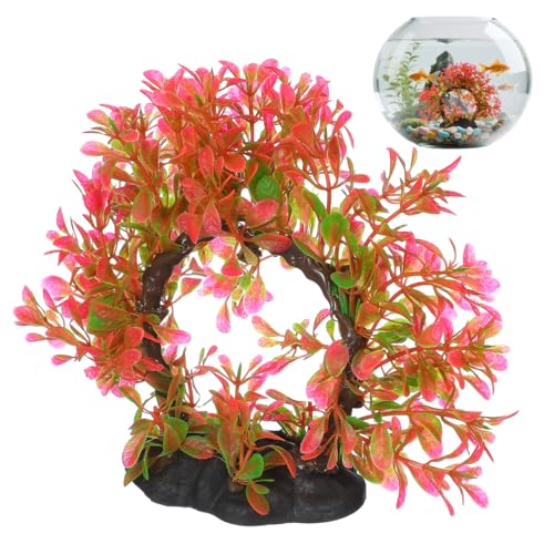 POPETPOP Aquarium Artificial Plastic Plants Decoration, Plastic Pink Betta Fish Tank Decor with Weighted Base, Pink Simulation Aquarium Tree for Bettafish Tank Decorations Hides