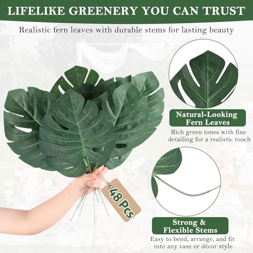 48 Pcs Artificial Monstera Leaves, 16" Faux Tropical Monstera Stems, Lifelike Fake Greenery for Wedding Decor, Jungle Party, Home Staging, Vase Fillers, No Maintenance