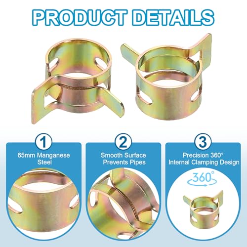 PATIKIL Spring Band Hose Pipe Clamps for 11-12.9 mm OD Hose, 30 Pack Silicone Vacuum Constant Tension Band Clips for Fuel Line Silicone Air Hose Tube Water Pipe, Gold - size: 11-12.9 mm