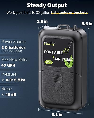 Pawfly Aquarium Battery Air Pump 40 GPH Oxygen Pump for 5 to 30 Gallon Fish Tank Portable Aerator Pump for Outdoor Fishing and Fish Transportation, Battery Not Included (Accessories Inside The Pump)
