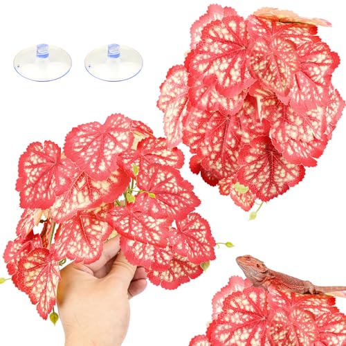QUOZUO 2 Pack Reptile Plants for Terrarium, Artificial Leaves Habitat Decorations with Suction Cups, Terrarium Hanging Plants Vines for Bearded Dragons Lizards Snake Geckos Frogs - Red - color: Red