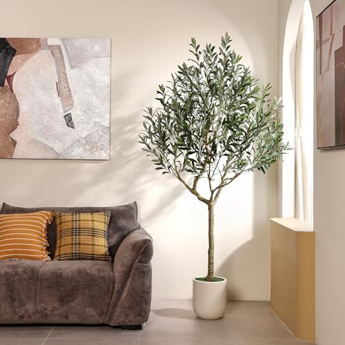 VeriNatural Artificial Olive Tree 7ft, Tall Faux Olive Trees with Planter, Potted Large Artificial Plants Indoor - Realistic Leaves & Fruits, Silk Fake Tree for Home Office Decor - size: 7ft