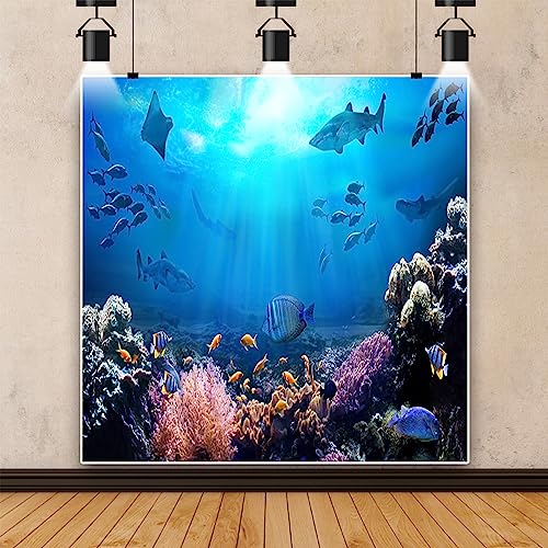 AOFOTO 8x8ft Underwater World Backdrop for Photography Aquarium Seabed Rocks Lights Coral and Fishes Tropical Ocean Scene Under The Sea Background Kids Party Decoration Banner Photobooth Props - size: 8x8ft