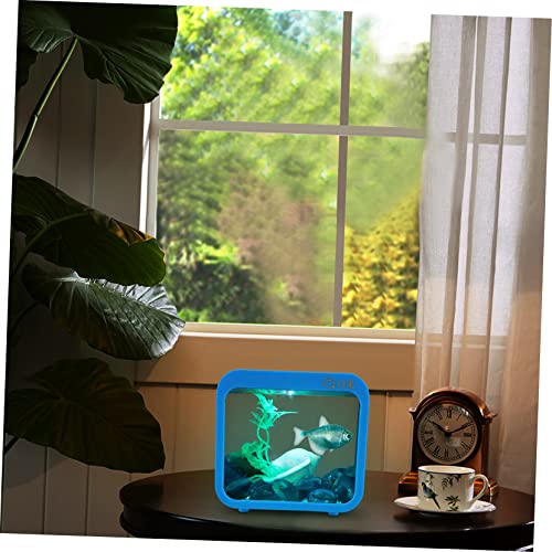 Mini Fish Tank with Light - Transparent Small Aquarium Betta Fish Bowl with 5 Color Changing Led Lights for Desktop Home Office Decor Easy to Clean and Detachable - color: Blue