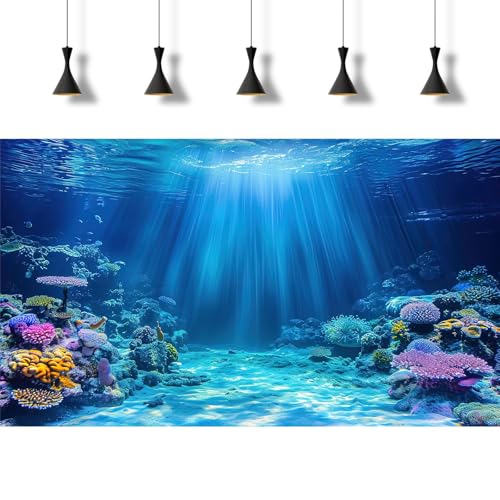 Underwater Scene Aquarium Background Under The Sea Coral Reefs Fish Tank Background Ocean Seabed Scene Sand Rocky Outcrops Terrarium Backgrounds Sunray Tropical Marine Life Tank Backgrounds 24x12in - color: Bright_Blue, size: 24(W)x12(H)inches/ 60(W)*30cm