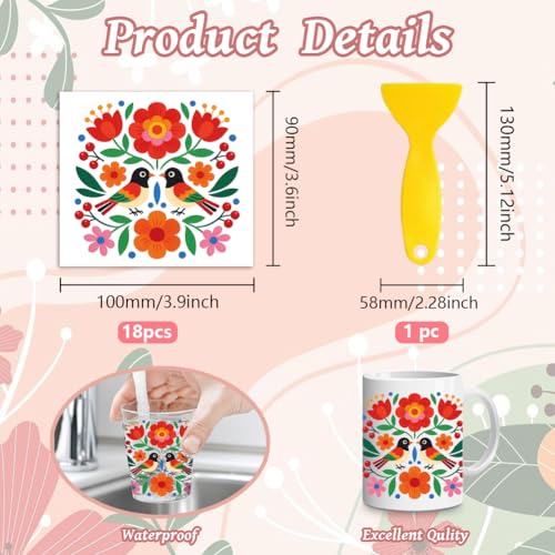 Peacoblue 18 Sheets Rub on Transfers for Crafts, Mexican Flowers 3.6"x3.9" UV DTF Cup Wraps Waterproof Cold Transfers Stickers for Wood Glass Metal Cup Tumblers Mirrors Mugs Home Decor - style: Mexican Flowers