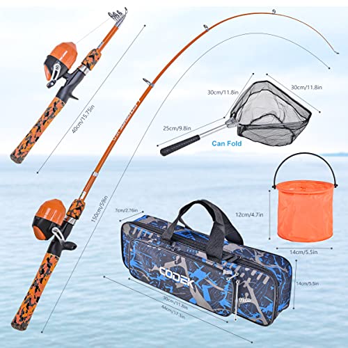 CODEK Kids Fishing Pole Set with Full Starter Kits 2 Set Portable Telescopic Fishing Rod and Spincast Reel Cambos with a Fishing Net and 2 Buckets for Boys Girls and Youth - color: Orange