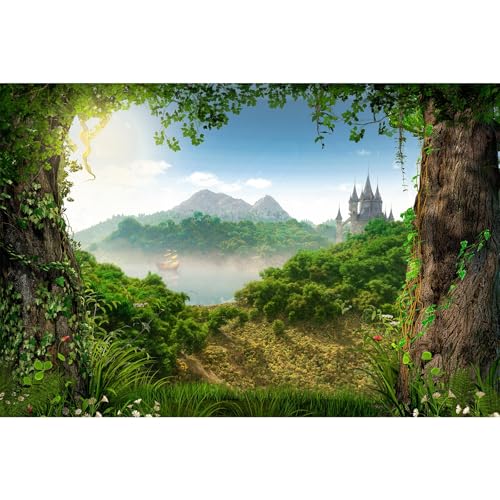 Forest Aquarium Background Fairytale Castle Tranquil Lake Fish Tank Background Tropical Rainforest Natural Landscape Terrarium Background Mountains Blue Sky Reptile Habitat Background 24x12in - color: Fantasy Green, size: 24(W)x12(H)inches/ 60(W)*30cm(H)