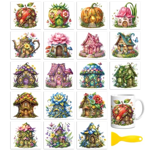 Peacoblue 18 Sheets Rub on Transfers for Crafts, Fairy House and Tale House 3.6"x3.9" UV DTF Cup Wraps Waterproof Cold Transfers Stickers for Wood Glass Metal Cup Tumblers Mirrors Mugs Home Decor - style: Fairy House and Fairy Tale House