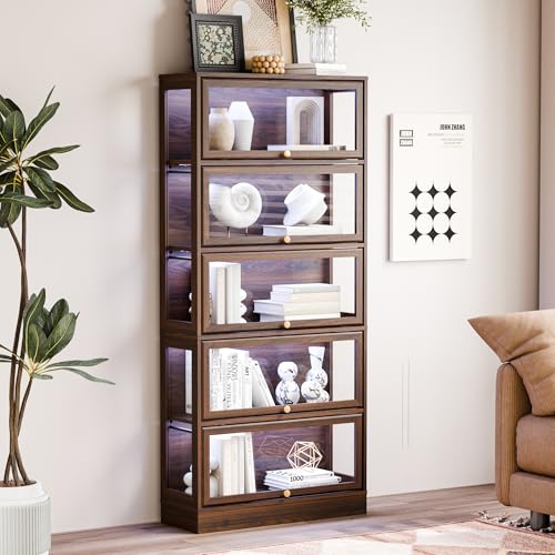 Display Cabinet with Acrylic Glass Doors,5-Tiers Curio Cabinet with LED Lighting for Collectibles, Collectibles Toy Organizers Rack & Display Shelf Display Case Storage Cabinet, Walnut - color: Walnut, size: 31" W x 67" H