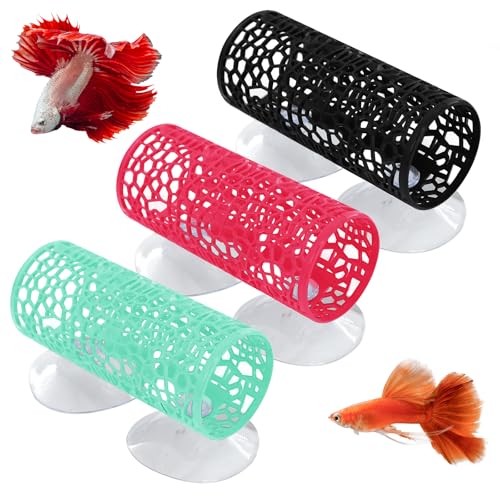 3 Pcs Betta Tunnel Hammock, Betta Fish Toys, Fish Tank Accessories with Suction Cups for Small Fishes and Shrimps, Aquarium Decor, Suit Hideout and Play Area (Black, Green, Rose Red)